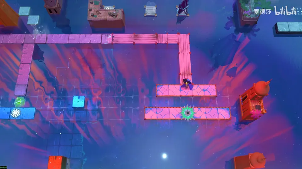Low Skipping Stones overworld: pink walkways over purple water, blue tiles, a mirror on the left and a sunflower room entrance next to a red tower on the right
