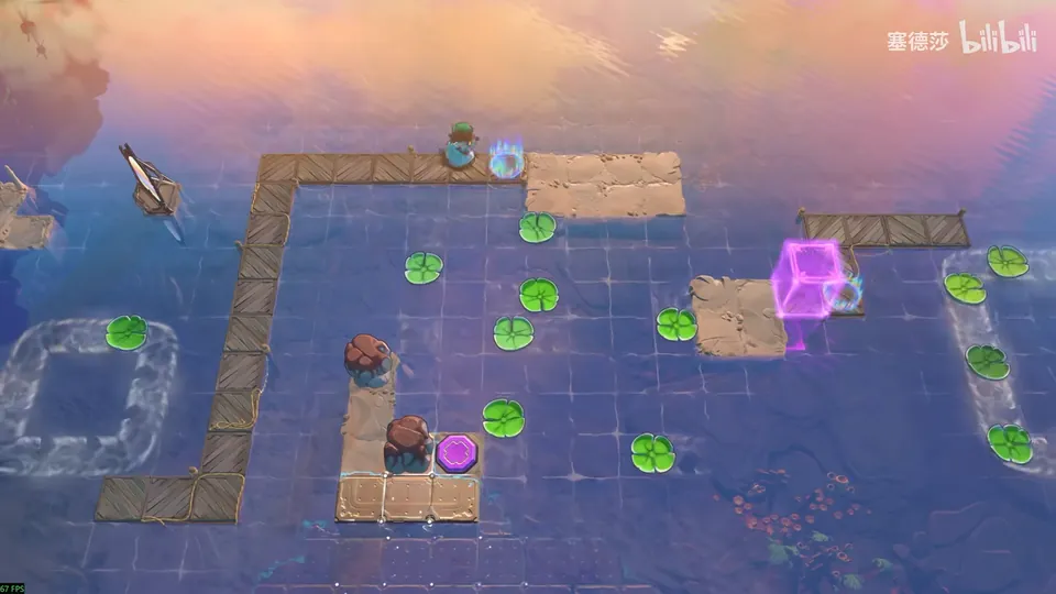 Low Skipping Stones puzzle 1: a wooden walkway snaking over a lake, scattered lily pads, a magenta crystal block, stones and a purple button on a small platform