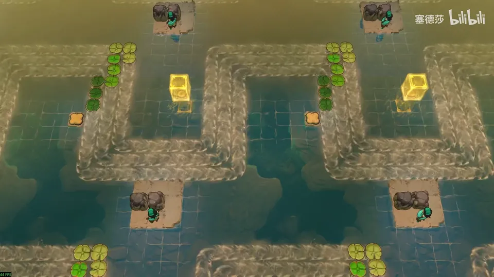 Low Skipping Stones puzzle 2: zigzag current channels in green water, two yellow crystal blocks, rows of lily pads and figures with stones on small islands