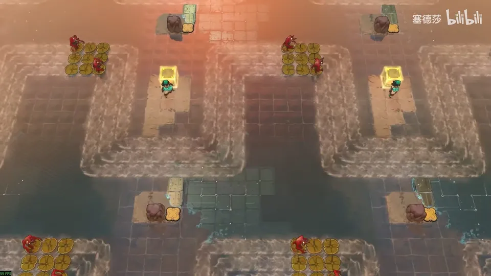 Low Skipping Stones puzzle 3: zigzag current channels under a warm orange sky, dragons on lily pads, yellow crystal blocks and heroes on small islands