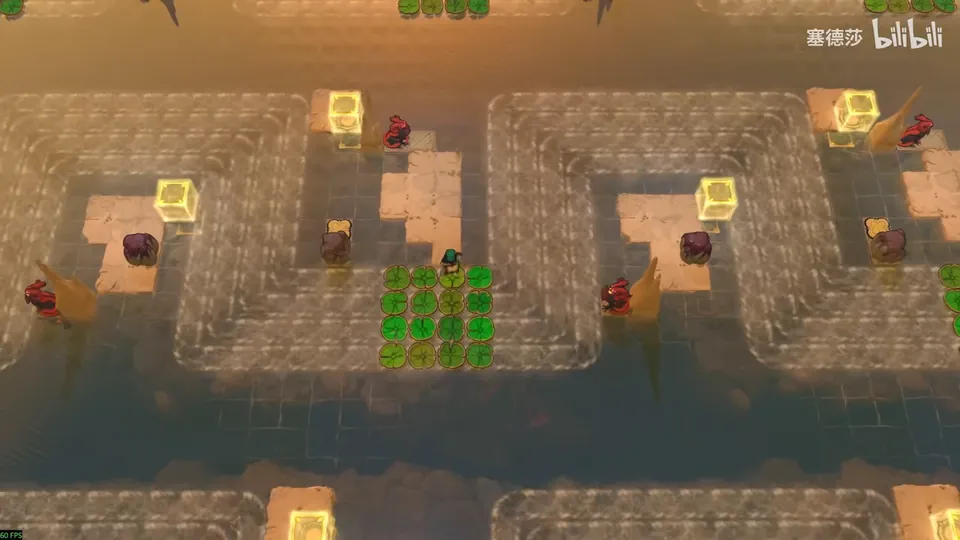 Low Skipping Stones puzzle 4: zigzag current channels with a block of lily pads, red dragons on platforms, stones and yellow crystal blocks
