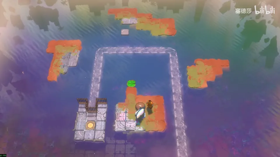 Low Skipping Stones puzzle 5: a rectangular current loop on purple water, orange islands, a mirror on a lily pad and an exit on a small stone tower