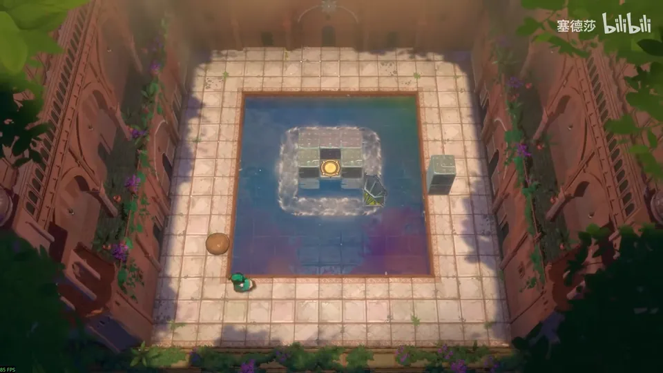Low Skipping Stones puzzle 6: a square pool inside a pale stone frame between red cliffs, a central platform with the exit, a stone and a mirror