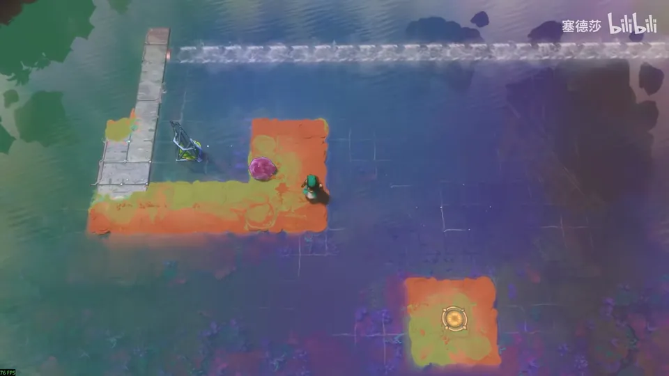 Low Skipping Stones puzzle 7: an L-shaped orange island on purple water, a current along the top edge, heroes with a mirror and a pink stone, and an exit on an orange platform