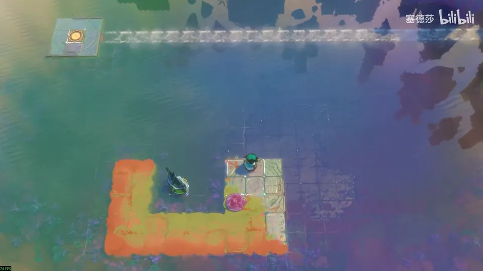 Low Skipping Stones puzzle 8: a U-shaped orange island on purple water, a current along the top, a hero, a mirror and a pink stone