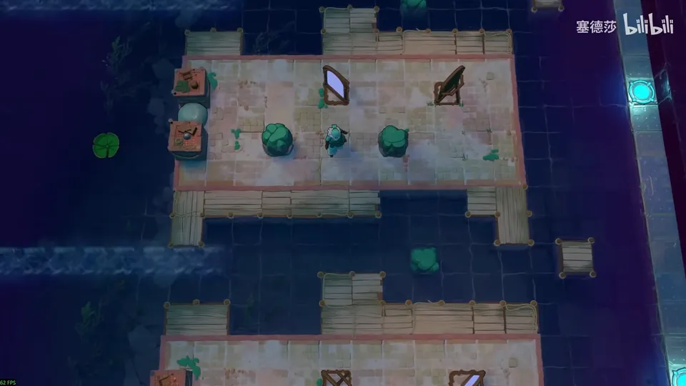 Low Skipping Stones puzzle 9: a large wooden deck over dark water with two mirrors, round bushes and a hero, a channel of current below and a cyan exit on the right