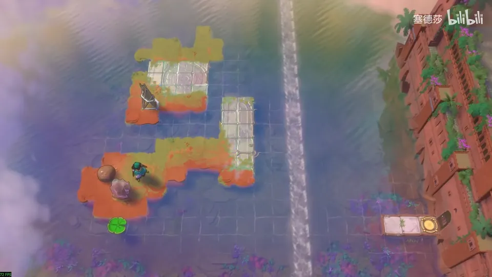 Low Skipping Stones puzzle 10: an orange island on purple water with heroes and a stone, a current running down the right side and an exit on a pale platform at the bottom right