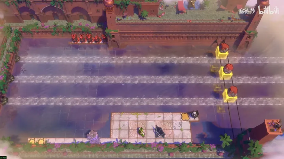 Low Skipping Stones puzzle 11: three parallel currents below a red brick wall, dragons and yellow crystal blocks on the right, two heroes on a pink tiled walkway