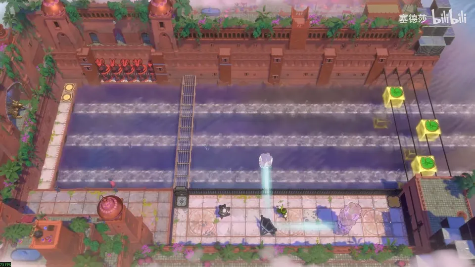 Low Skipping Stones puzzle 12: three parallel currents below a red brick wall, a ladder bridge, crystal blocks on the right and heroes on a tiled walkway with a pale beam