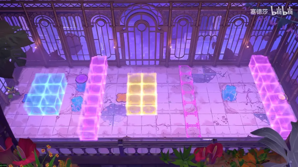 Low Skipping Stones puzzle 13: a long pink hall with a blue energy block, an orange energy block, columns of pink blocks, a ladder outline and blue crystals