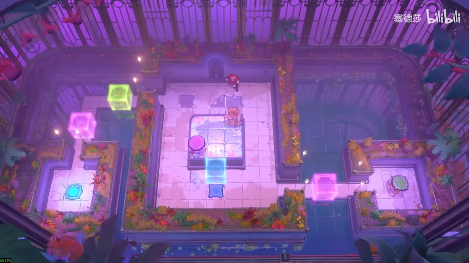 Low Skipping Stones puzzle 14: a pink garden courtyard with a raised square, magenta and yellow-green energy blocks, a blue energy block and a cyan exit at the bottom left
