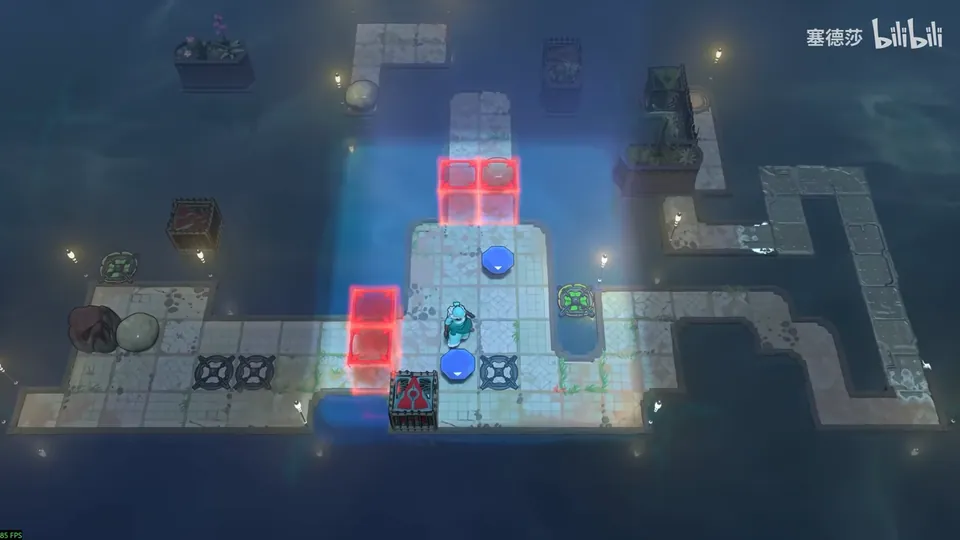 Low Skipping Stones puzzle 15: a pale stone platform glowing blue over dark water, red energy blocks, blue gems, grated tiles and a winding walkway to the right