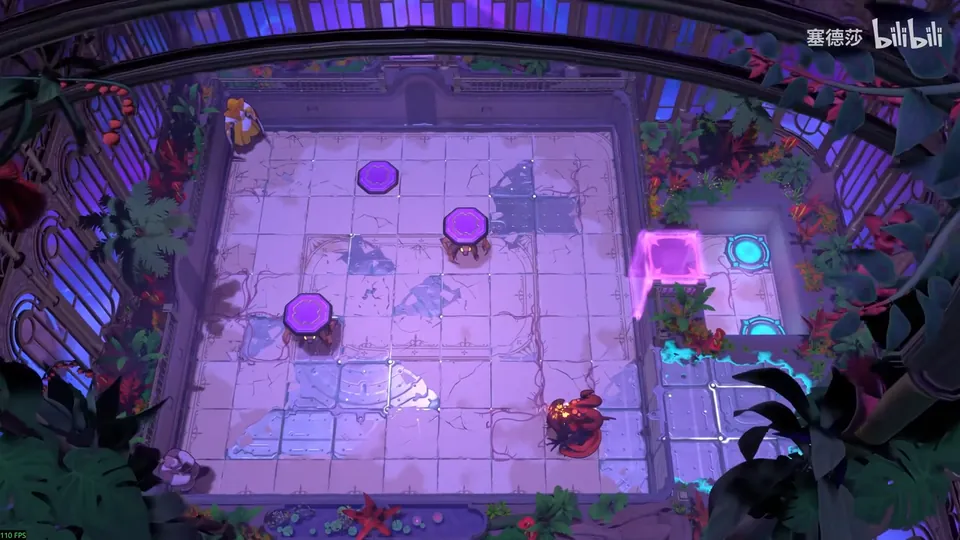 Low Skipping Stones puzzle 16: a pink tiled room in a greenhouse, purple buttons on pedestals, a dragon at the bottom, a magenta energy block and a cyan exit at the right