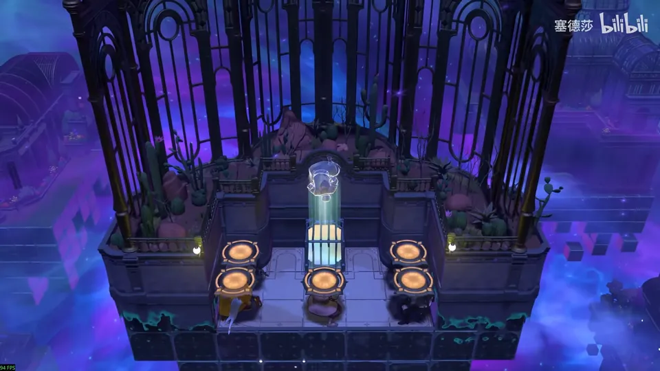 Low Skipping Stones puzzle 17: a small dark balcony under tall iron arches, five heroes each carrying a round orange exit pad, a mirror in the middle