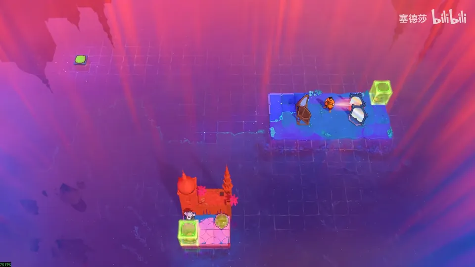 Low Skipping Stones puzzle 18: pink and red light over open water, a blue platform with heroes and mirrors at the top right, a red tower with green and pink blocks at the bottom