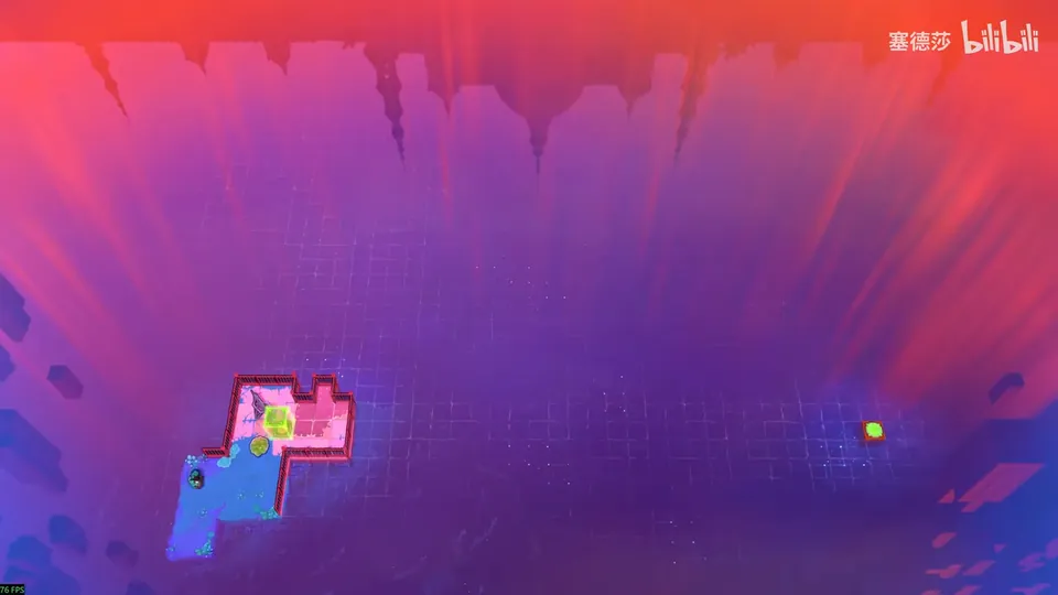 Low Skipping Stones puzzle 19: a small pink and blue island in a vast purple sea under red light, a green stone and a hero, a lone yellow-green button far to the right